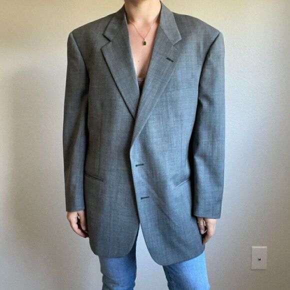 Vintage Mens Burberry Gray Single Breast 100% Wool Oversized Blazer Sz XXL - Picture 3 of 9